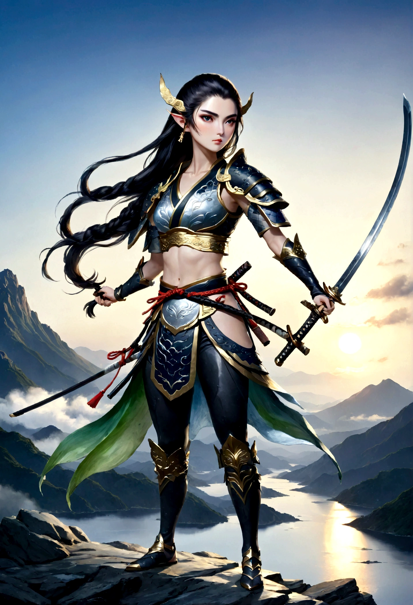 ((water color art: 1.5)), fantasy art, RPG art, dark fantasy art, a female elf samurai, ready to battle, she wears traditional samurai armor, armed with a katana, she stands on top of the mountain at dawn, exquisite beautiful female elf, long hair, black hair, straight hair, braided hair, black eyes, intense eyes, small pointed ears, fantasy mountain top at dawn background, moon, stars, clouds, god rays, soft natural light silhouette, dynamic angle, photorealism, panoramic view, ultra best realistic, best details, 16k, [ultra detailed], masterpiece, best quality, (extremely detailed), photorealism, depth of field,