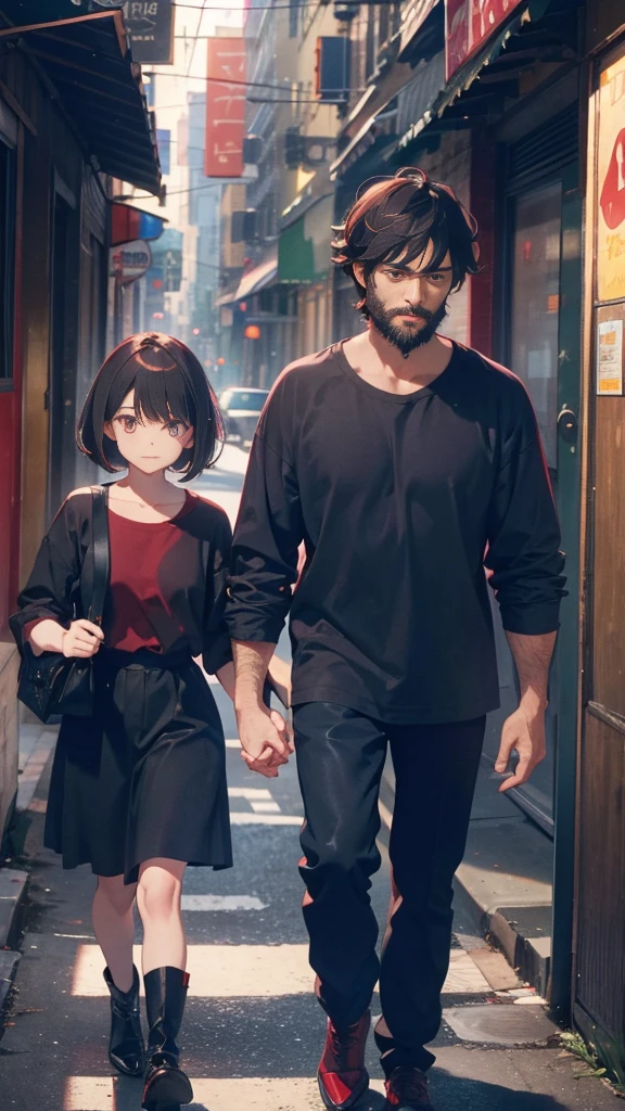 A short bob-haired, A red-eyed, dark-haired, bearded man,Walking hand in hand