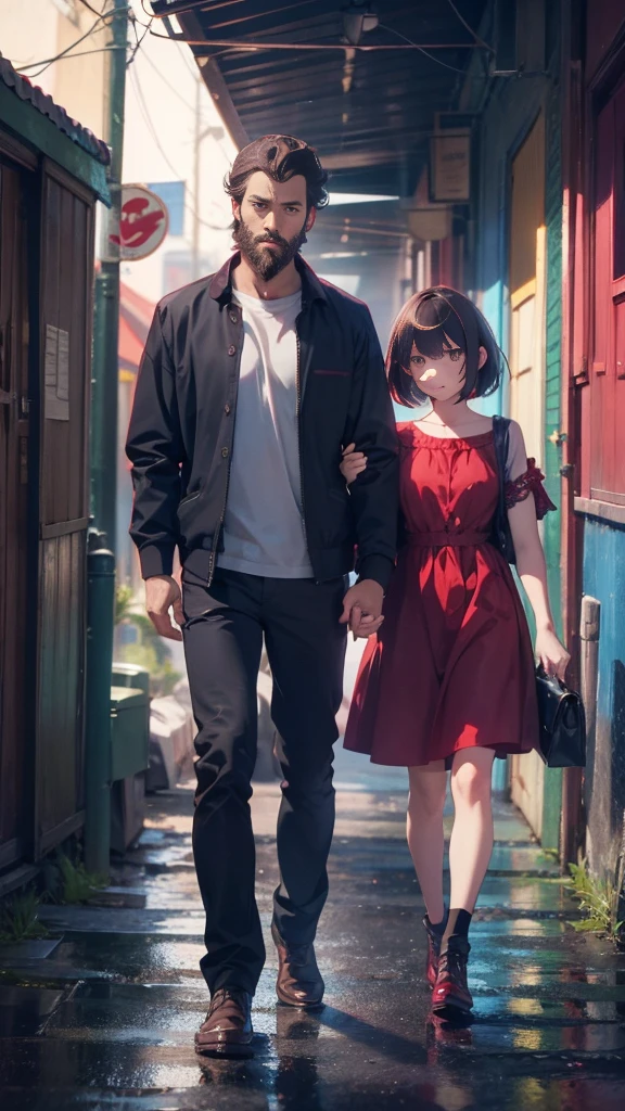 A short bob-haired, A red-eyed, dark-haired, bearded man,Walking hand in hand