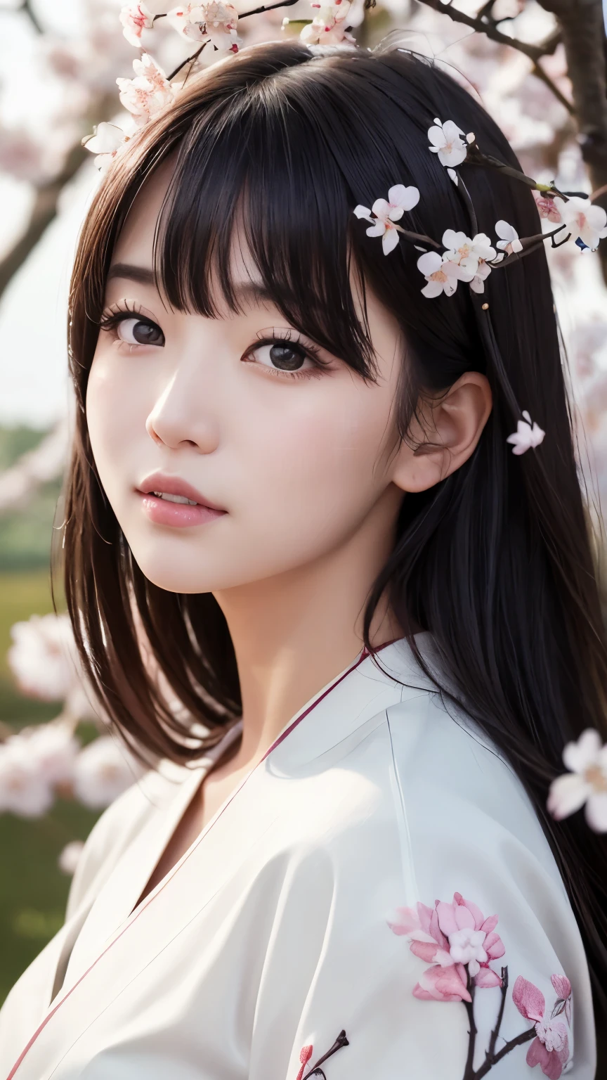 (logo、masterpiece、8k、Tabletop、RAW Photos、wonderful、最high quality、Realistic、Very detailed CG 統合 8k 壁紙、high quality、Very detailed、Narrative poem、Particle Effects、Dynamic Effects、Written boundary depth、Cinematic Light、Lens flare、Ray Tracing)、Fantasy、 (1 Beauty、White kimono、Japanese Clothing、White cherry blossom pattern、White cherry blossom embroidery pattern、Black-haired、Beautiful Face、True Face、Beautiful details in the eyes、Beautiful Skin)、Hair flutters in Wind、Hair bounces、Pink cherry blossom tree、Petals flutter、SakuraFubuki、wonderful景色、Morning Glow、Sun in the background、Wind、god々、teeth、god話、Vast land、
