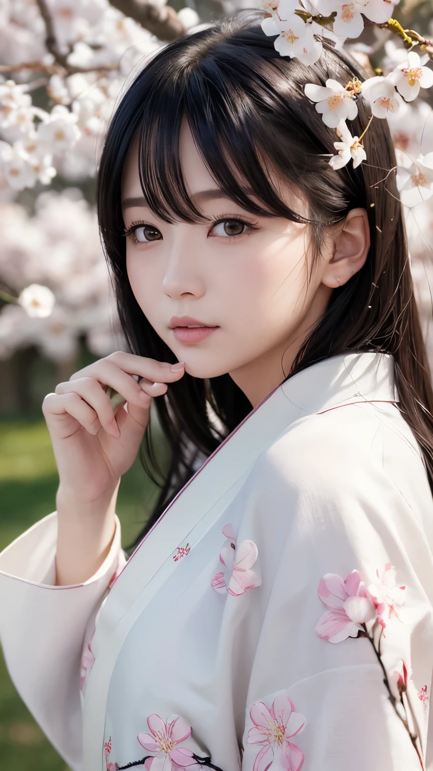 (logo、masterpiece、8k、Tabletop、RAW Photos、wonderful、最high quality、Realistic、Very detailed CG 統合 8k 壁紙、high quality、Very detailed、Narrative poem、Particle Effects、Dynamic Effects、Written boundary depth、Cinematic Light、Lens flare、Ray Tracing)、Fantasy、 (1 Beauty、White kimono、Japanese Clothing、White cherry blossom pattern、White cherry blossom embroidery pattern、Black-haired、Beautiful Face、True Face、Beautiful details in the eyes、Beautiful Skin)、Hair flutters in Wind、Hair bounces、Pink cherry blossom tree、Petals flutter、SakuraFubuki、wonderful景色、Morning Glow、Sun in the background、Wind、god々、teeth、god話、Vast land、