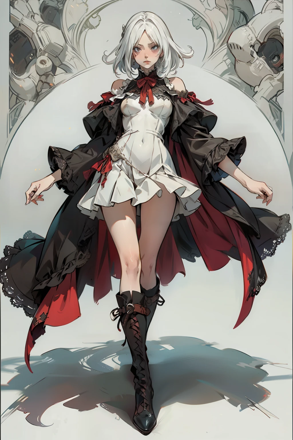 (((masutepiece, of the highest quality, super detailed))), a knight, white background, plain background, Bloodborne inspired, Bloodborne, occult aesthetic, occult, NSFW, red and white clothing detailed and intricate steampunk and detailed gothic, NSFW, Complex mechanical boots above the knee, Fluttering lace flared mini skirt, Fluttering lace flared long knee length dress with frilly petticoats, knee length dress, pleated petticoats, petticoats gothic, complex lace boots, NSFW, beautiful small breasts, Silver hair swaying in the wind, Emitting a dazzling light in a mandala pattern, white background, Very dramatic and cinematic lighting, red and white clothing, full body, whole body, body, cosmic horror