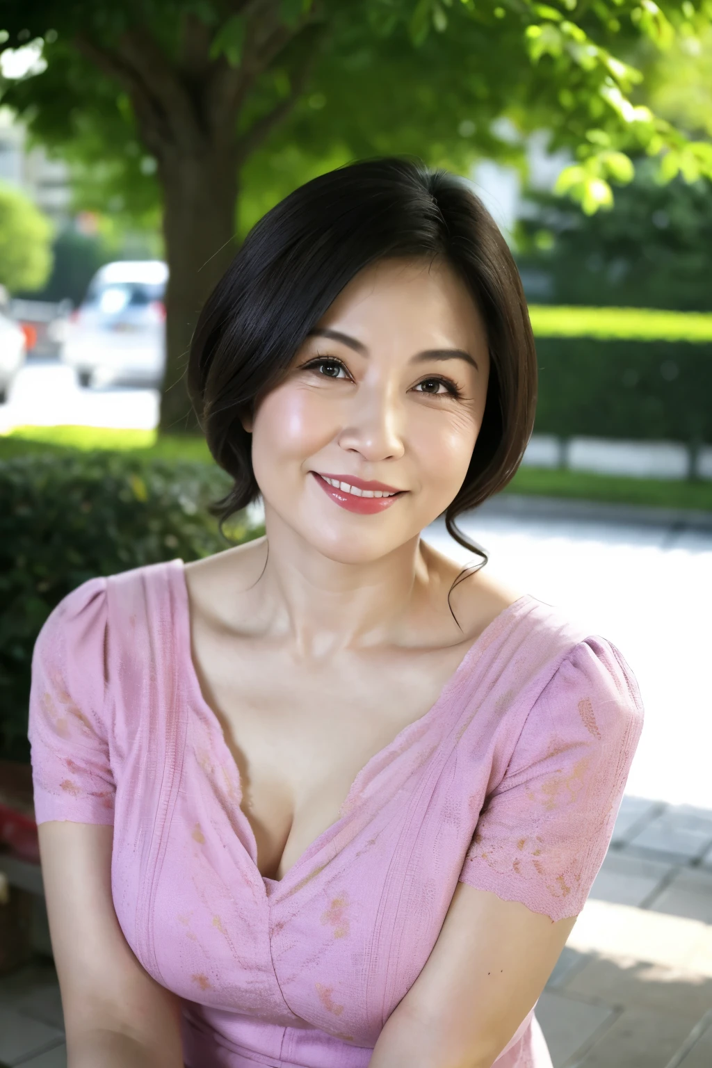 最high quality, In 8K, Masseter muscle area, Lifelike, Sharp focus, high quality, High resolution, Detailed face, Detailed eyes, Thick lips, Background Blur, solo, Middle-aged women, , 55 years old, , Wavy Hair, Cleavage, Wearing a plain short-sleeved knit, Afternoon in front of the park garden, Wrinkles around the eyes, Toothy smile