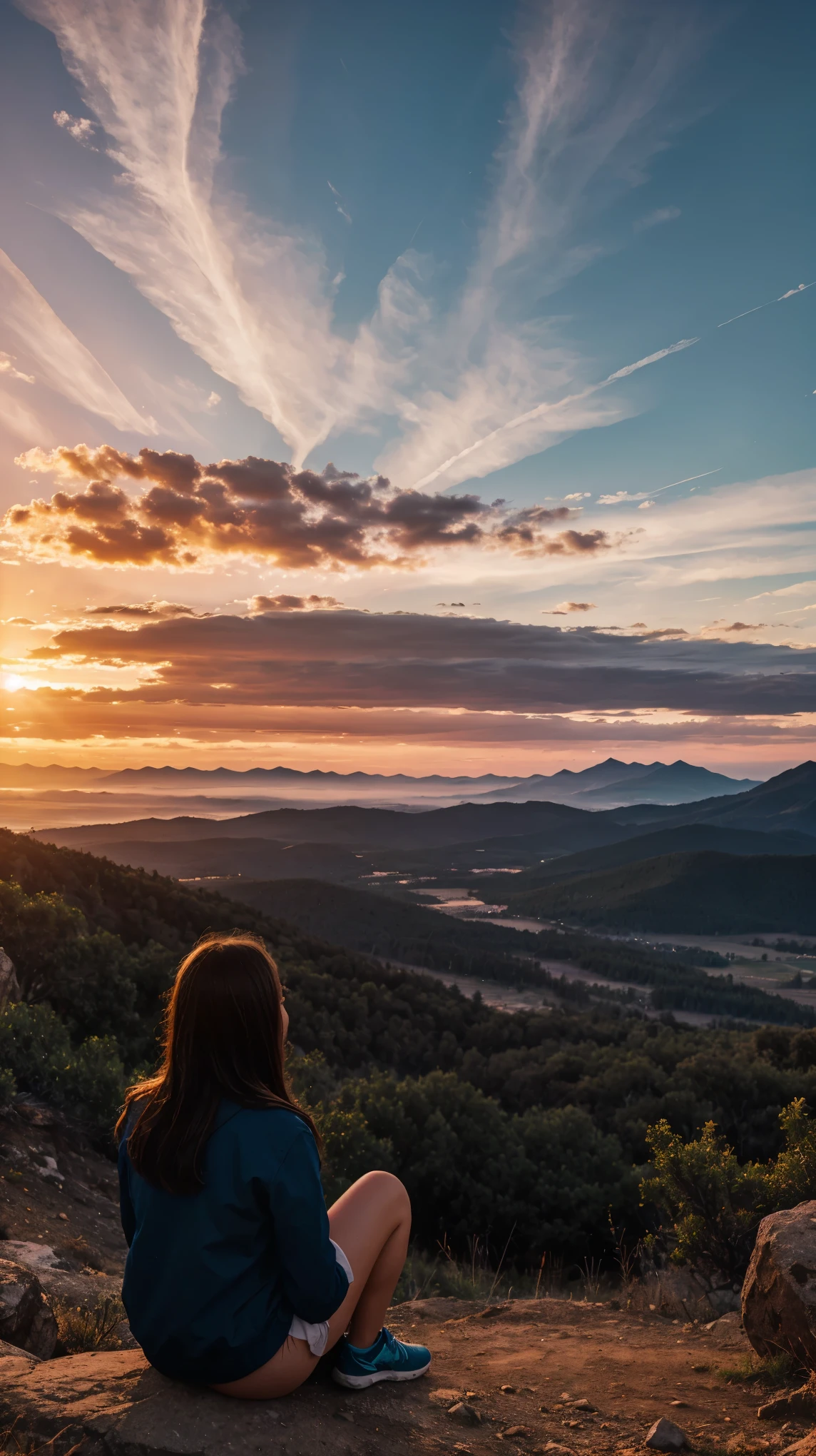 mountain view with sunset, realistic, 8k darklight, girl watching sunset