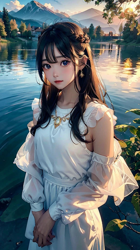 1 girl, serene expression, mesmerizing eyes, straight long hair, flowing dress, poised posture, porcelain skin, subtle blush, crystal pendant
BREAK
golden hour, (rim lighting):1.2, warm tones, sun flare, soft shadows, vibrant colors, painterly effect, dreamy atmosphere
BREAK
scenic lake, distant mountains, willow tree, calm water, reflection, sunlit clouds, peaceful ambiance, idyllic sunset, ultra detailed, official art, unity 8k wallpaper
, zentangle, mandala