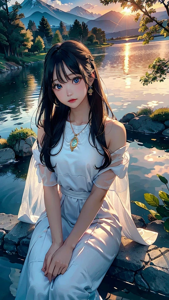1 girl, serene expression, mesmerizing eyes, straight long hair, flowing dress, poised posture, porcelain skin, subtle blush, crystal pendant
BREAK
golden hour, (rim lighting):1.2, warm tones, sun flare, soft shadows, vibrant colors, painterly effect, dreamy atmosphere
BREAK
scenic lake, distant mountains, willow tree, calm water, reflection, sunlit clouds, peaceful ambiance, idyllic sunset, ultra detailed, official art, unity 8k wallpaper
, zentangle, mandala