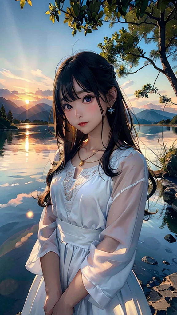 1 girl, serene expression, mesmerizing eyes, straight long hair, flowing dress, poised posture, porcelain skin, subtle blush, crystal pendant
BREAK
golden hour, (rim lighting):1.2, warm tones, sun flare, soft shadows, vibrant colors, painterly effect, dreamy atmosphere
BREAK
scenic lake, distant mountains, willow tree, calm water, reflection, sunlit clouds, peaceful ambiance, idyllic sunset, ultra detailed, official art, unity 8k wallpaper
, zentangle, mandala