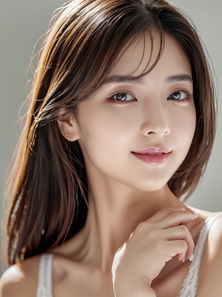 highest quality、8k Masterpiece、superA high resolution、(Photorealistic:1.3)、RAW Photos、1 girl、Black Hair、extremely detailed Glowing Skin、50 age、Portrait、Global Illumination、Shadow、Octane Rendering、8k、Super sharp、Beautiful breastetal、Cold colors、Very intricate detailuch Light、CGSoation Trend、extremely detailed Beautiful Eyes、Shining Eyes、To the camera、Neon Details、extremely detailed Clear skin、long hair、smile、Featured on cosmetics website、Elegance、Photo Studio、short hair、white lingerie、more lighting, photo painting, Picture-perfect, white skin