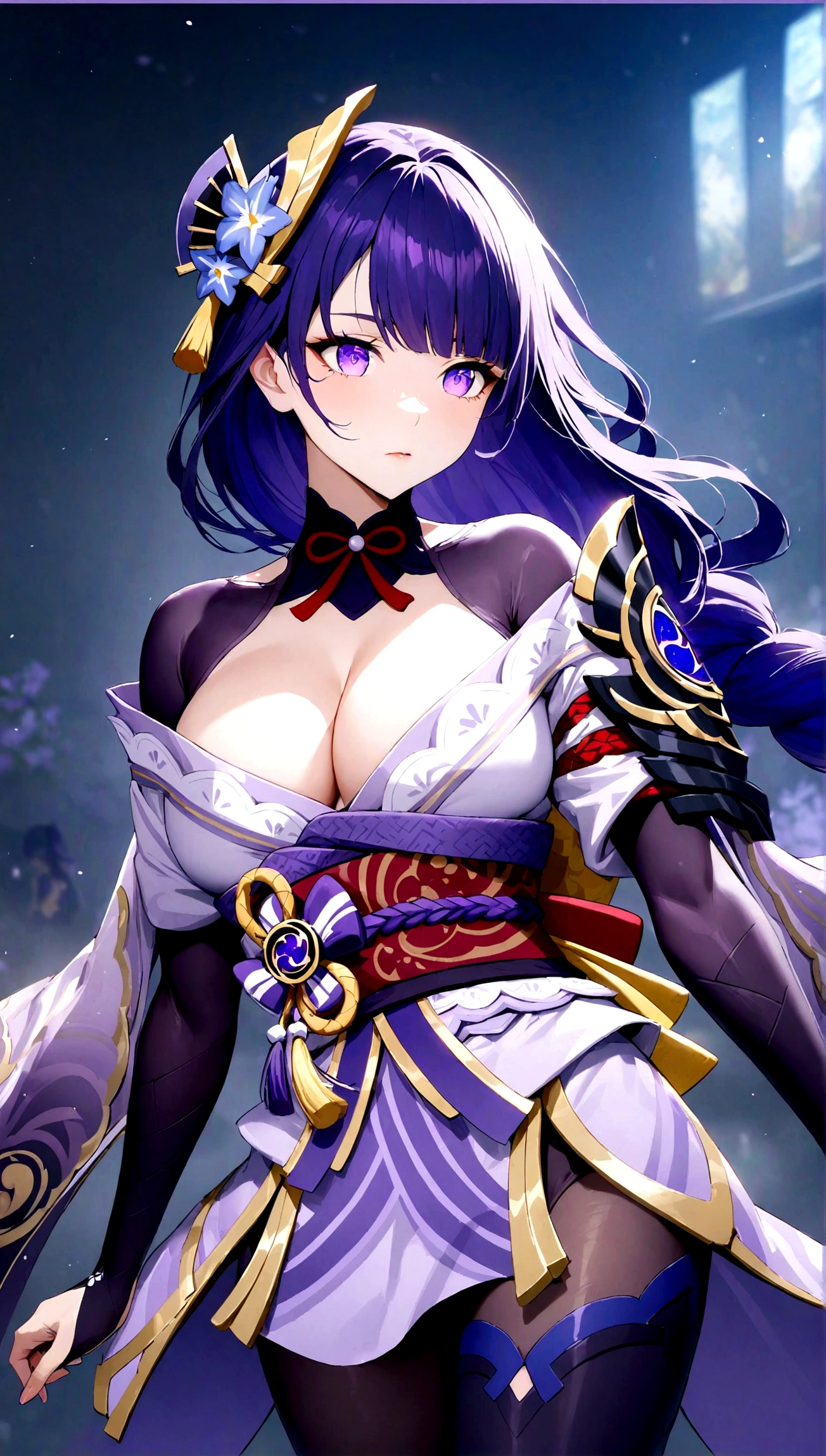 masterpiece, best quality, very aesthetic, absurdres, floating hair, floating clothes, Epic and grandiose scenes,,raiden_shogun,raiden_shogun (genshin impact), dark purple hair, long hair, single braid, hair ornament, hair, big breasts, purple eyes, sharp eyes, long eyelashes, cleavage,zettai ryouiki, (tight dress), kimono, cleavage, lighht purple kimono, detailed kimono, leggins, black leggins, black ppantyhose,,in movie theatre