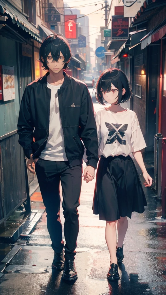 A short bob-haired, red-eyed  and black hair men,Walking hand in hand