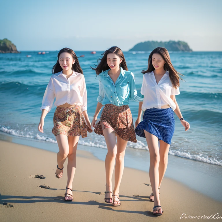 Photorealistic, 4k, let's put on our beach sandals and run out. The sound of the waves leads us to the sea. Three girls, 18 years old, outstanding proportions, printed shirts, skirts,