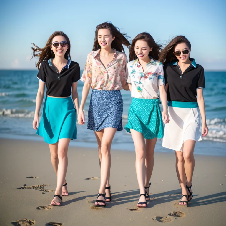 Photorealistic, 4k, let's put on our beach sandals and run out. The sound of the waves leads us to the sea. Three girls, 18 years old, outstanding proportions, printed shirts, skirts,
