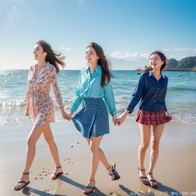 Photorealistic, 4k, let's put on our beach sandals and run out. The sound of the waves leads us to the sea. Three girls, 18 years old, outstanding proportions, printed shirts, skirts,