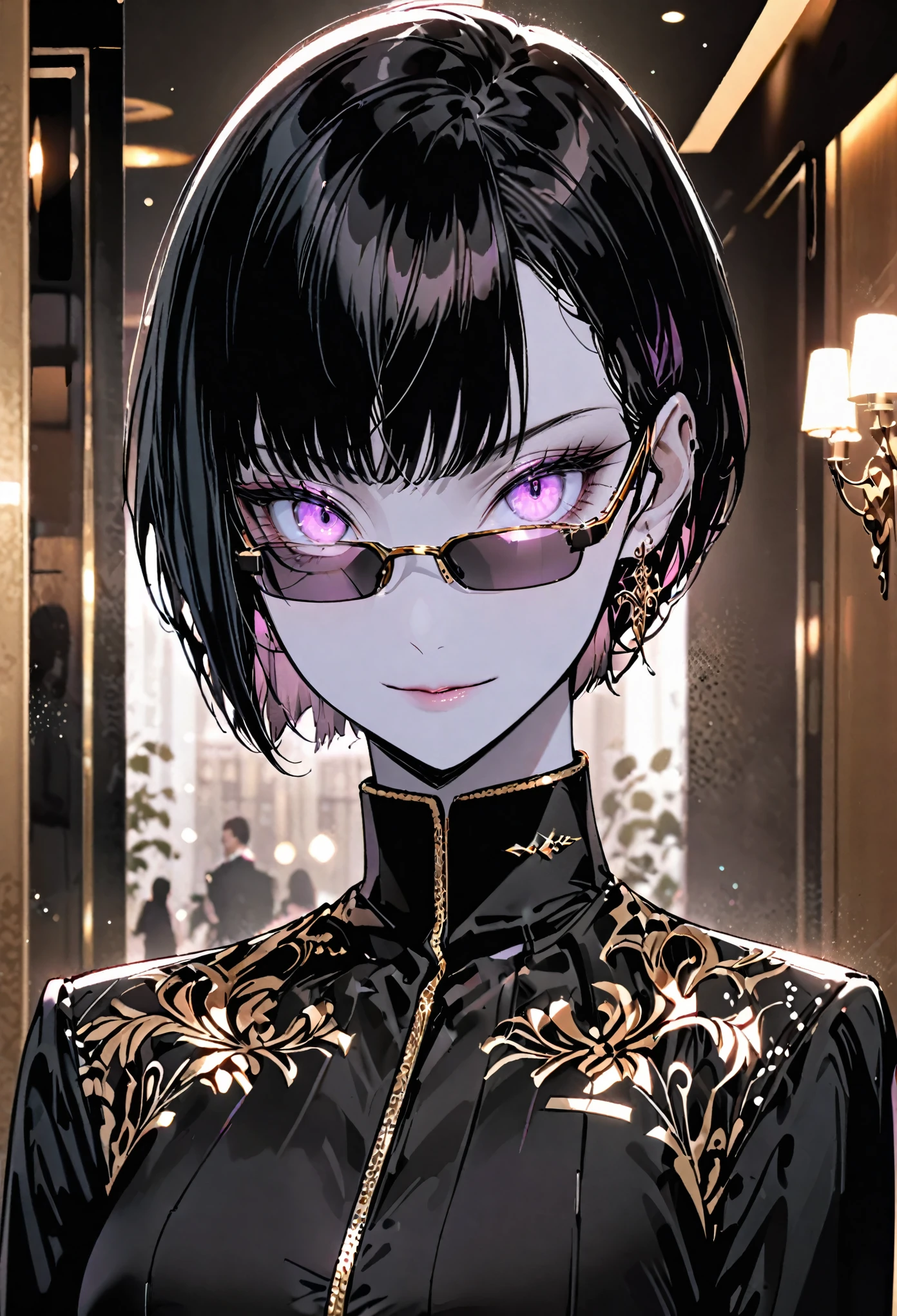 solo, female, tall, elegant, sunglasses, bodyguard, broad shoulders, long pixie cut, black hair, pink eyes, very pale skin, athletic, very tall, sober feminine suit, black clothes, small smile, close up, luxurious hotel, classy, professional