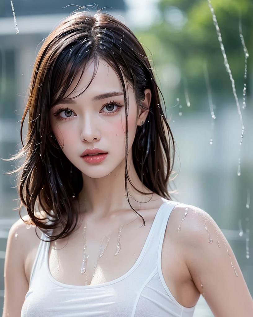 (Best quality, 4k, Masterpiece :1.3), pretty woman, 1girl, sexy :1.1, dark brown hair: 1.1, (rainy wet, wet from rain, wet body :1.2), white tank tops, ultra-detailed face, detailed lips, detailed eyes, double eyelid