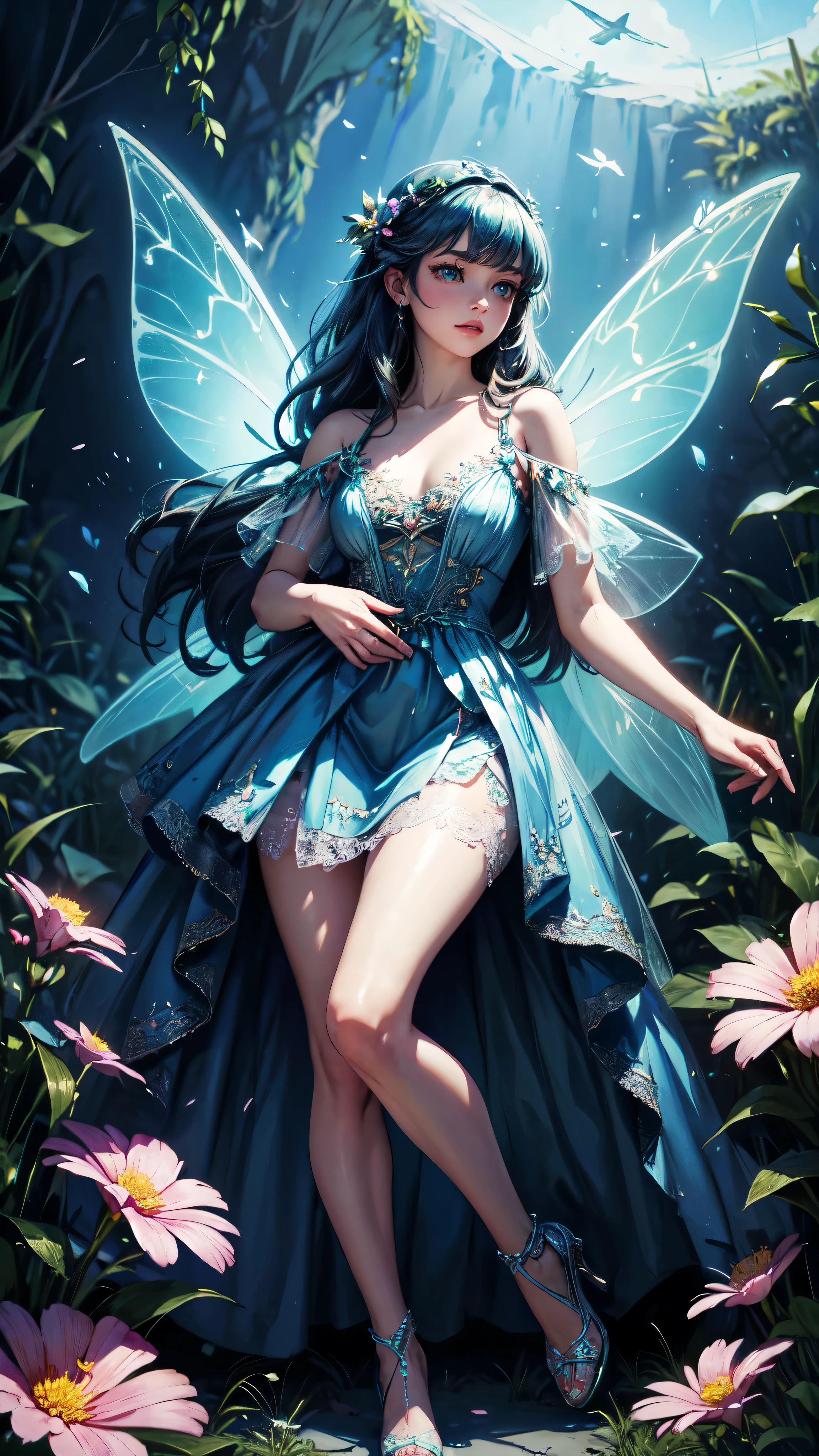 breathtaking 8k, masterpiece, (fairy dress), fairy girl, short skirt, full body, (flying), flowers, sheer, lace . award-winning, professional, highly detailed, neon colors, full body, detailed face, detailed hands, detailed face