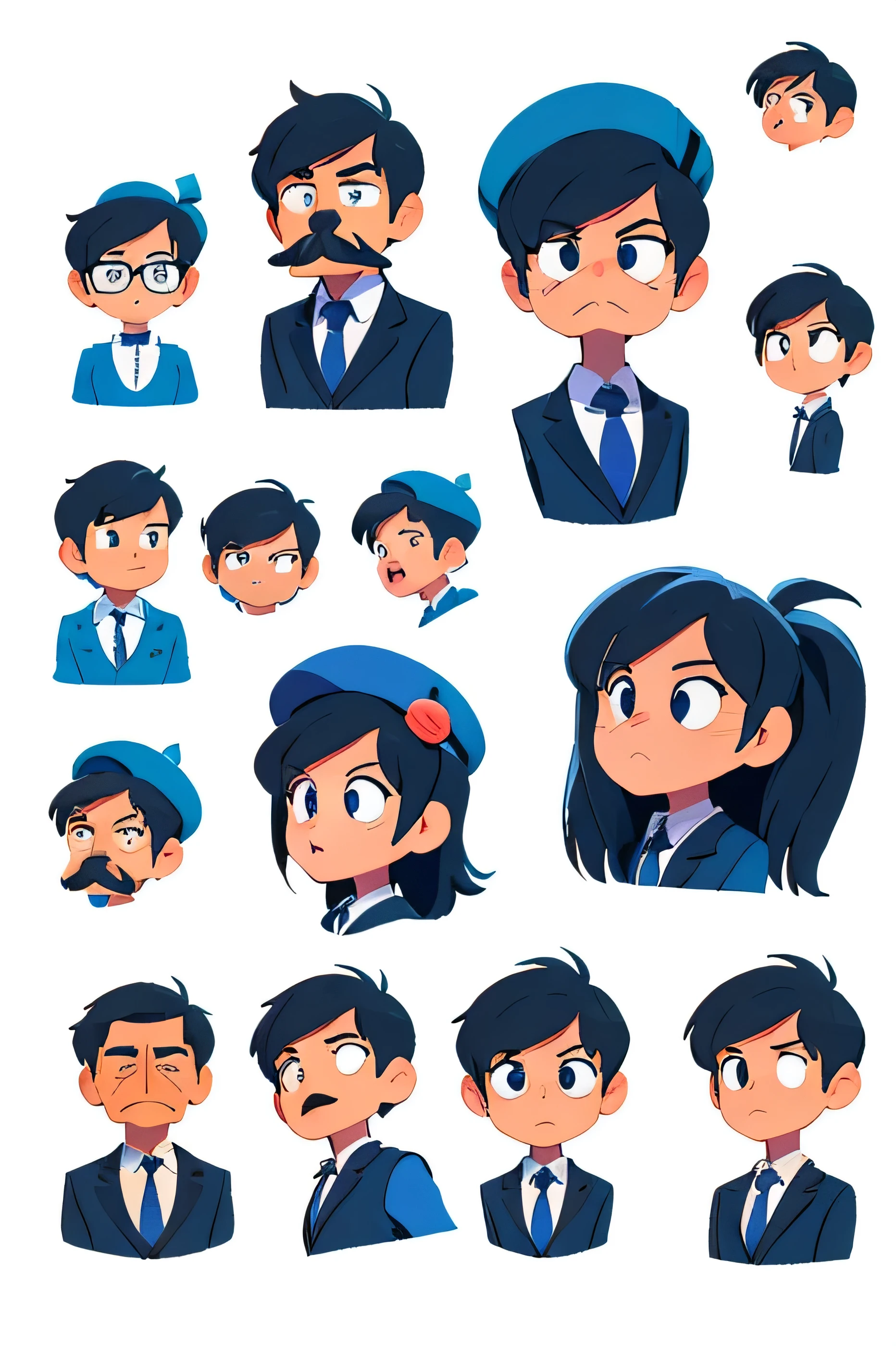 3 characters with variations of expressions of Cândido Dias, a man, 20´s style, with black hair, with black mustache, formal blue clothes, with blue hat, holding a blue boll of english football, many positions, diferents expressions, white background