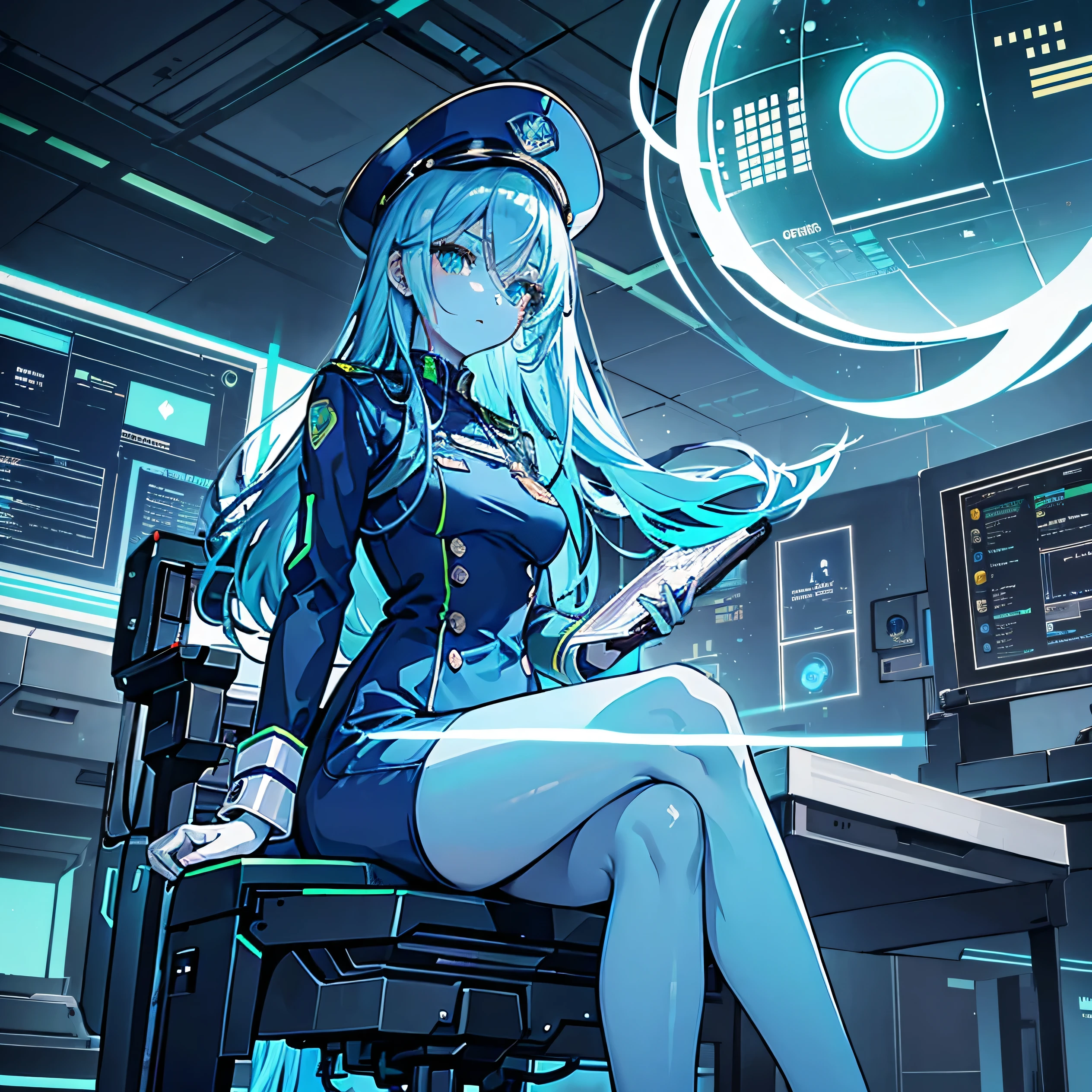 sole young female, tall android, visible mechanical parts, android girl, dark blue skin, blue skin color, blue skin, long blue hair, blue office suitskirt, official dress, secretary, sitting and writing, looking away, ((glowing green eyes)), green eye color, green eyes, blue officer cap, space station office background, shy