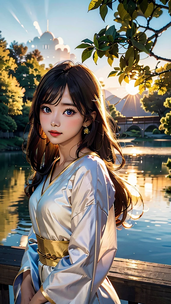 1 girl, serene expression, mesmerizing eyes, straight long hair, flowing dress, poised posture, porcelain skin, subtle blush, crystal pendant
BREAK
golden hour, (rim lighting):1.2, warm tones, sun flare, soft shadows, vibrant colors, painterly effect, dreamy atmosphere
BREAK
scenic lake, distant mountains, willow tree, calm water, reflection, sunlit clouds, peaceful ambiance, idyllic sunset, ultra detailed, official art, unity 8k wallpaper
, zentangle, mandala