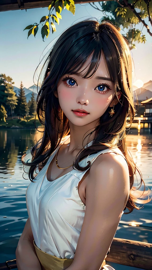 1 girl, serene expression, mesmerizing eyes, straight long hair, flowing dress, poised posture, porcelain skin, subtle blush, crystal pendant
BREAK
golden hour, (rim lighting):1.2, warm tones, sun flare, soft shadows, vibrant colors, painterly effect, dreamy atmosphere
BREAK
scenic lake, distant mountains, willow tree, calm water, reflection, sunlit clouds, peaceful ambiance, idyllic sunset, ultra detailed, official art, unity 8k wallpaper
, zentangle, mandala