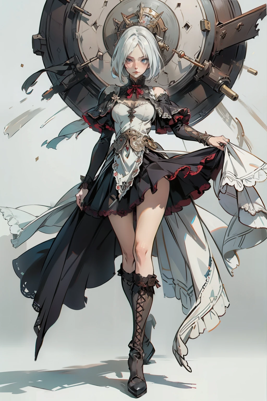 (((masutepiece, of the highest quality, super detailed))), a knight, white background, plain background, Bloodborne inspired, Bloodborne, occult aesthetic, occult, NSFW, red and white clothing detailed and intricate steampunk and detailed gothic, NSFW, Complex mechanical boots above the knee, Fluttering lace flared mini skirt, Fluttering lace flared long knee length dress with frilly petticoats, knee length dress, pleated petticoats, petticoats gothic, complex lace boots, NSFW, beautiful small breasts, Silver hair swaying in the wind, Emitting a dazzling light in a mandala pattern, white background, Very dramatic and cinematic lighting, red and white clothing, full body, whole body, body, cosmic horror