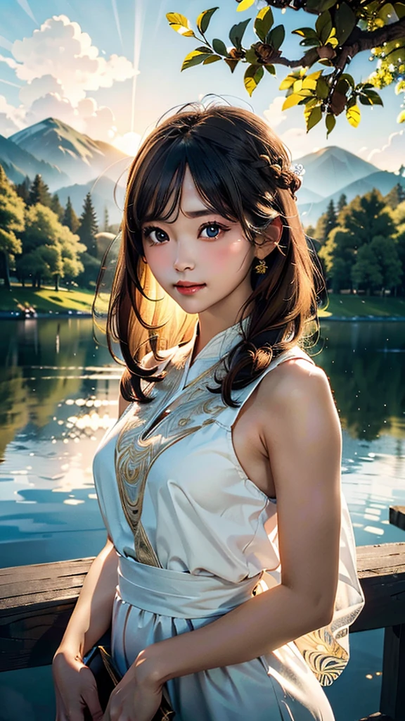 1 girl, serene expression, mesmerizing eyes, straight long hair, flowing dress, poised posture, porcelain skin, subtle blush, crystal pendant
BREAK
golden hour, (rim lighting):1.2, warm tones, sun flare, soft shadows, vibrant colors, painterly effect, dreamy atmosphere
BREAK
scenic lake, distant mountains, willow tree, calm water, reflection, sunlit clouds, peaceful ambiance, idyllic sunset, ultra detailed, official art, unity 8k wallpaper
, zentangle, mandala