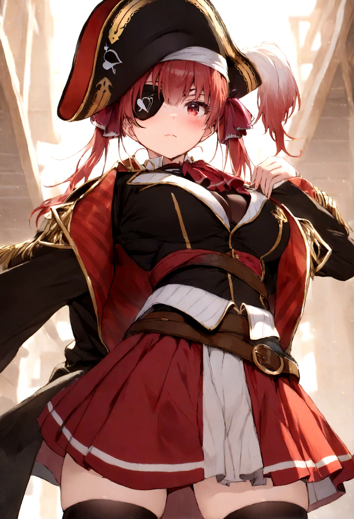 hair ribbon, red ascot, red skirt, belt, leotard under clothes, black leotard, black thighhighs, black coat, pirate hat, eyepatch, red eyes