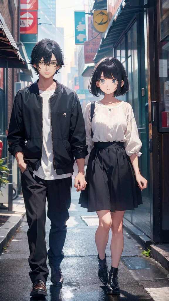 A man with black hair walking hand in hand with a  girl with short bob hair