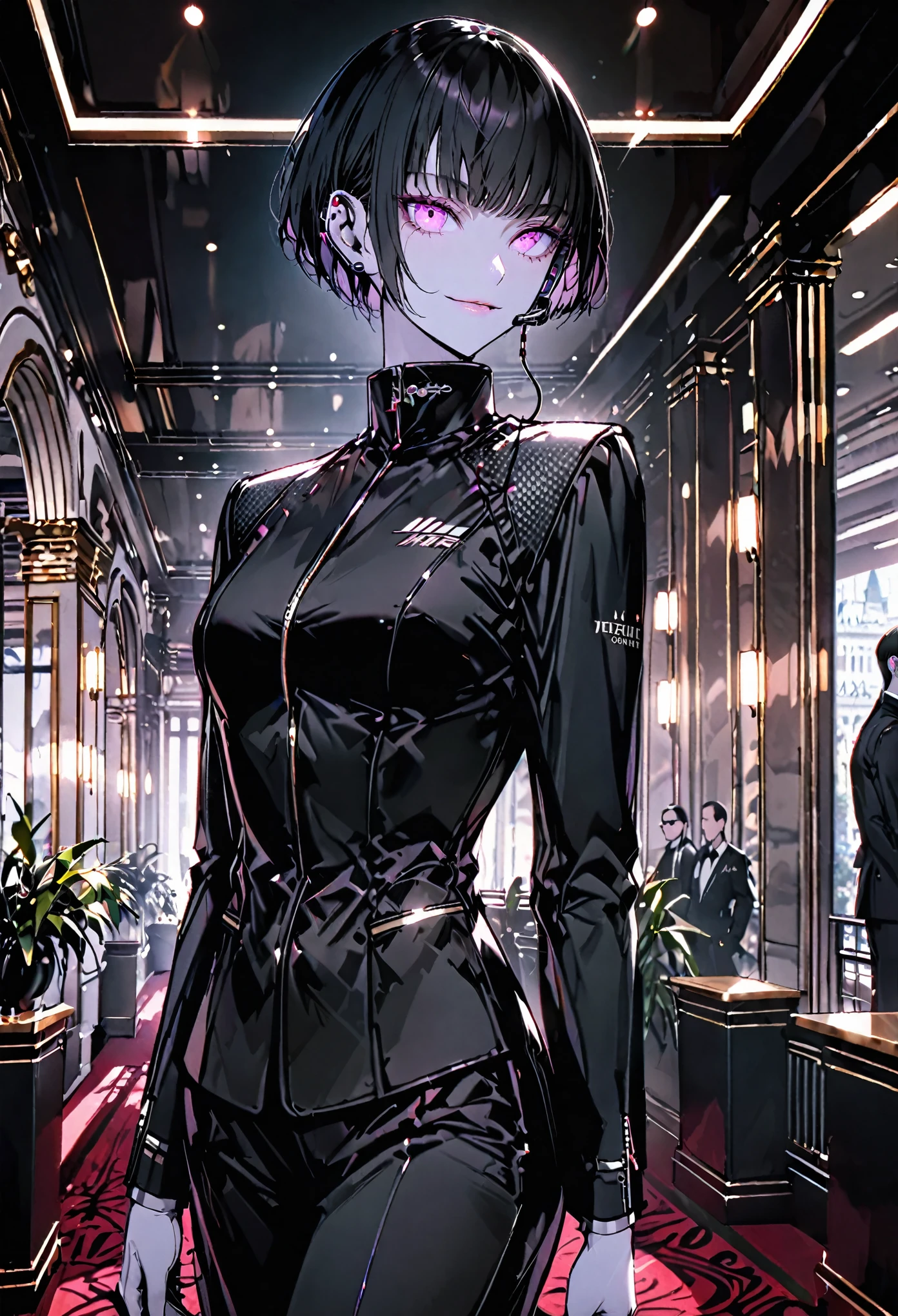 solo, female, tall, elegant, sunglasses, bodyguard, broad shoulders, pixie cut, black hair, pink eyes, pale skin, athletic, very tall, sober feminine suit, black clothes, small smile, medium shot, luxurious hotel, classy, professional, earpiece, cybernetically enhanced