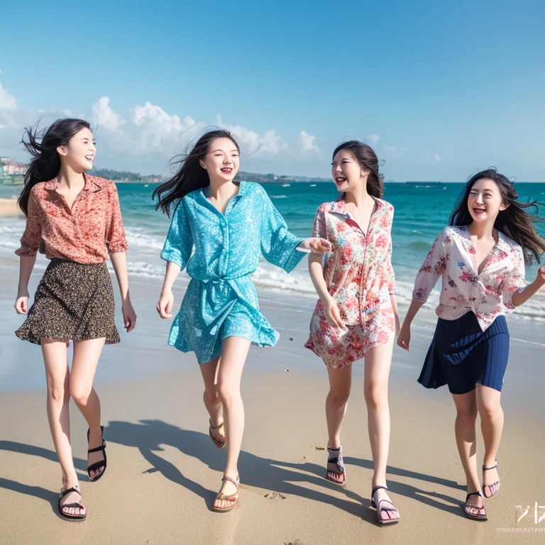 Photorealistic, 4k, let's put on our beach sandals and run out. The sound of the waves leads us to the sea. Three girls, 18 years old, outstanding proportions, printed shirts, skirts,afternoon、