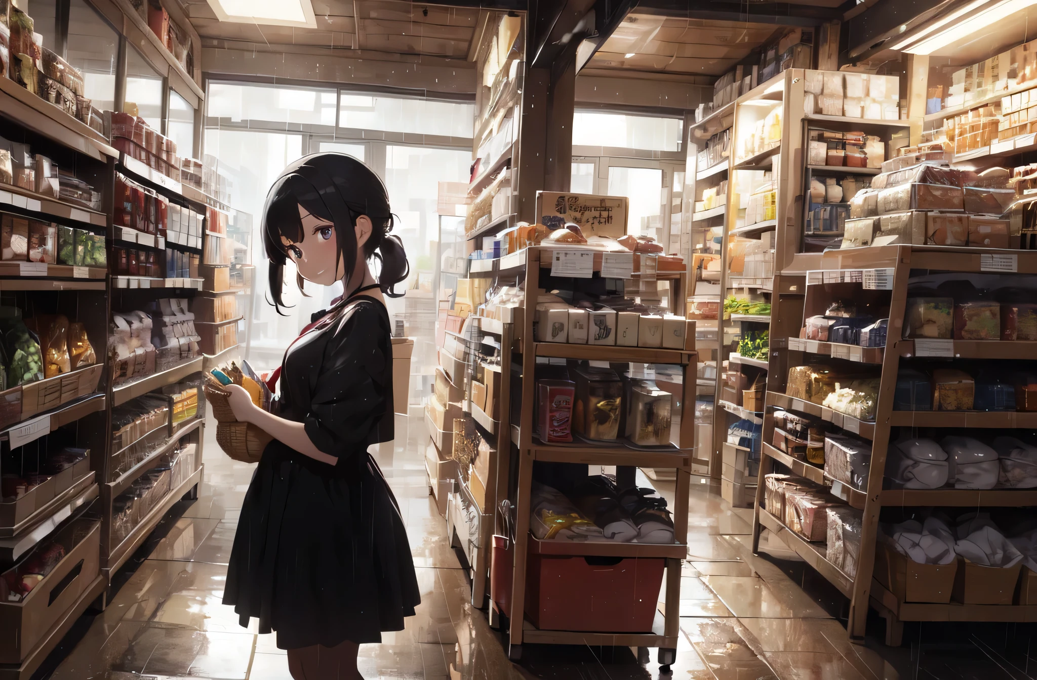 (Emotionless face:1.5), (black eye:1.5), (masterpiece, best quality, highly detail), color, (magnificent view:1.2), looking over,
(View out the window from inside a very dark store:1.2), (heavy rain:1.3), cloudy sky, dark night, (black hair clerk witch:1.2), ghost, fantasy, fancy cute monster, fairly tail, (horror red dot eyes, grin mouth), gaze viewer, glass bottles, drug leaves, basket, tall store shelves wall behind
