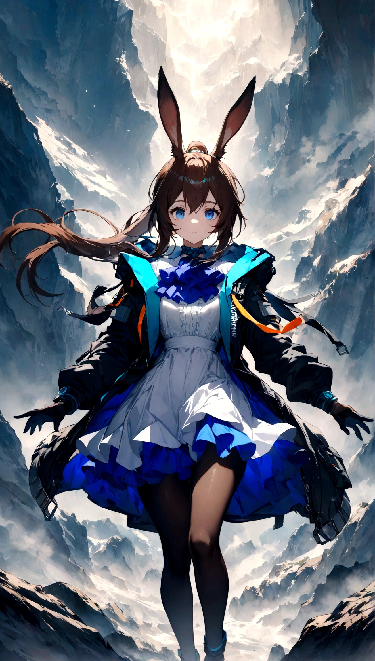 masterpiece, best quality, very aesthetic, absurdres, floating hair, floating clothes, Epic and grandiose scenes,,amiya_(arknights), animal ears, rabbit ears, blue eyes, brown hair, tight medium hair, half-up, long ponytail,black jacket, blue skirt, blue ascot, white dress shirt, fly front, tights,,in the mountain