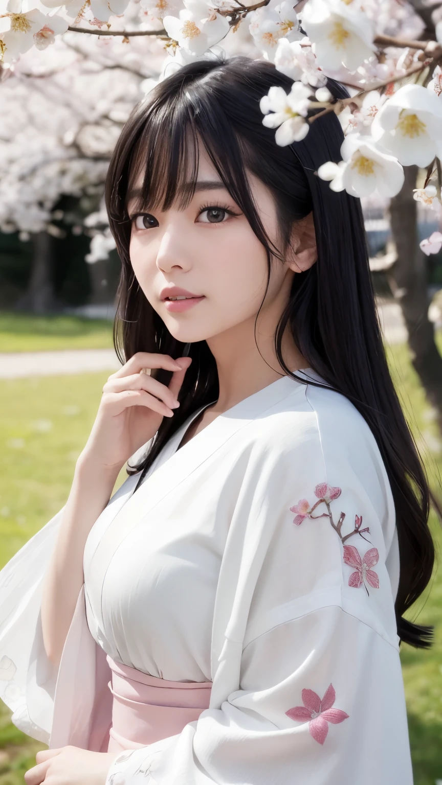 (logo、masterpiece、8k、Tabletop、RAW Photos、wonderful、最high quality、Realistic、Very detailed CG 統合 8k 壁紙、high quality、Very detailed、Narrative poem、Particle Effects、Dynamic Effects、Written boundary depth、Cinematic Light、Lens flare、Ray Tracing)、Fantasy、 (1 Beauty、White kimono、Japanese Clothing、White cherry blossom pattern、White cherry blossom embroidery pattern、Black-haired、Beautiful Face、True Face、Beautiful details in the eyes、Beautiful Skin)、Hair flutters in Wind、Hair bounces、Pink cherry blossom tree、Petals flutter、SakuraFubuki、wonderful景色、Morning Glow、Sun in the background、Wind、god々、teeth、god話、Vast land、