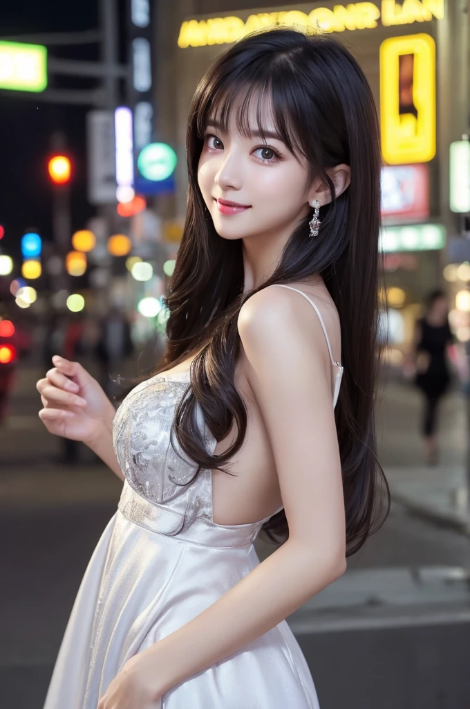 highest quality、8k Masterpiece、super A high resolution、(Photorealistic:1.3)、RAW Photos、1 girl、black hair、extremely detailed Glowing Skin、1. Super-beautiful Cyberpunk Soldiers、((Ultra-Realistic Details))、Portrait、Global Illumination、Shadow、Octane Rendering、8k、Super sharp、Beautiful breastetal、Cold colors、Very intricate details、Realistic Light、CGSoation Trend、Beautiful Eyes、Shining Eyes、To the camera、Neon Details、16 age、Very long Hair、inwardly curled hair、Too beautiful face、Intelligence、Obscene、wide shot、full body、Silver charm on the ankle、sexy、smile、Healthy Body、Erotic、extremely detailed Elegance、 wearing white dress, (Flirtingly lifting her dress to show her panties:1.3), neon city at night