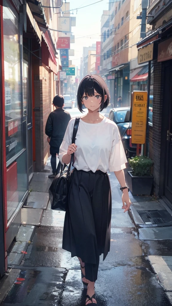 A man with black hair walking hand in hand with a small girl with short bob hair,Parent and 