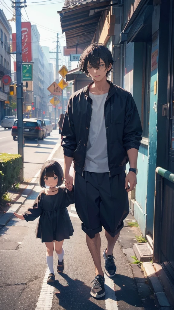 A man with black hair walking hand in hand with a small girl with short bob hair,Parent and 