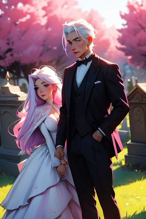 A pink haired woman with violet eyes with an hourglass figure in a Gothic ballgown is picnicking with a ayoung white haired man with red eyes in a gothic suit in the cemetery