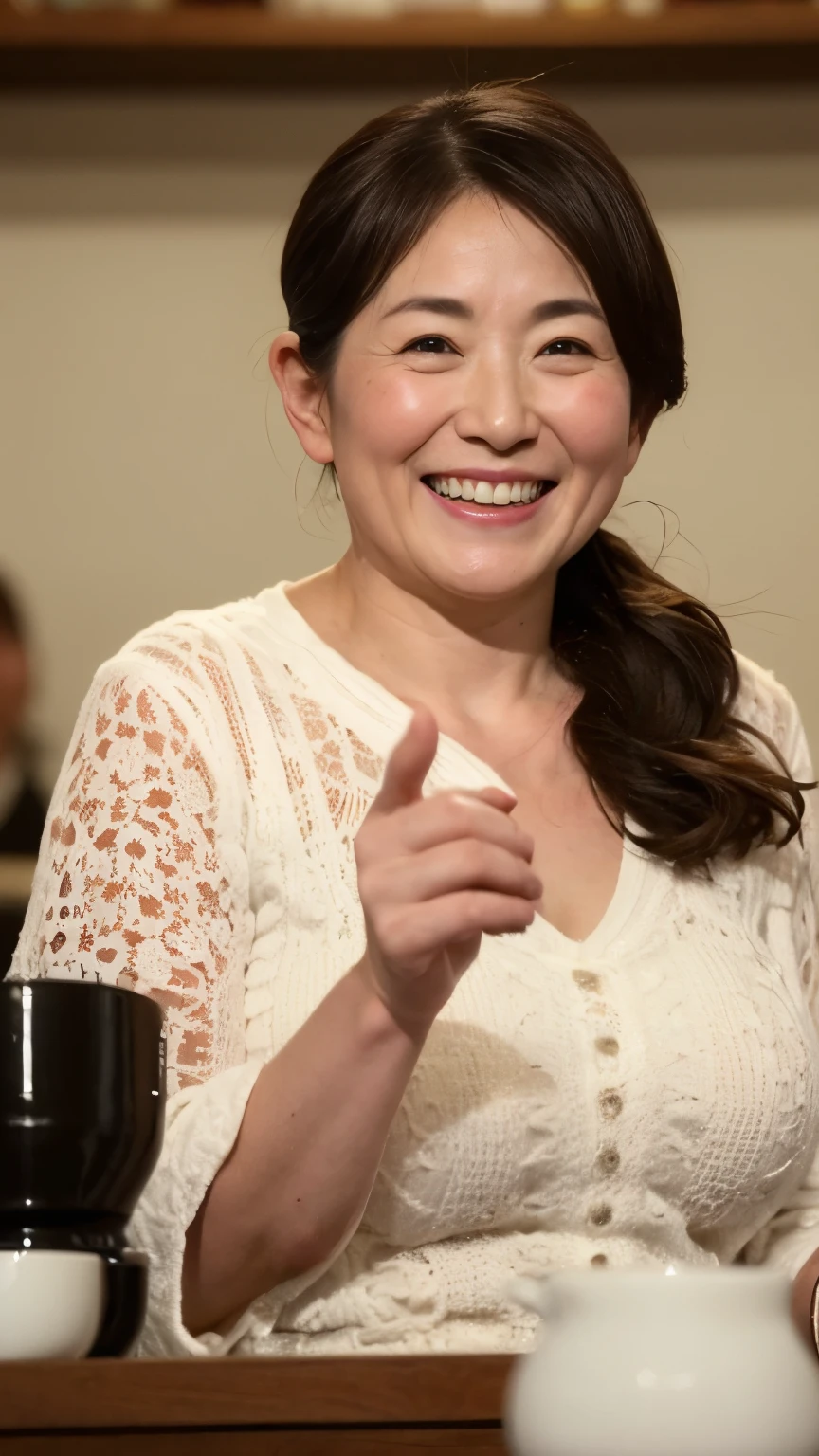 Girl, Fit the top of your head to the screen, Focused, Sitting in a coffee shop, Background Blur, gravure, Toothy smile, highest quality, Very detailed, Realistic, Ultra-dense skin, Anatomically correct, , , 110 years old, Big Breasts, , , , Pure white skin, Looking at the audience,