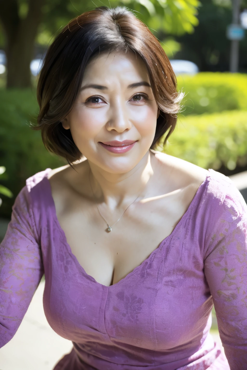 最high quality, In 8K, Masseter muscle area, Lifelike, Sharp focus, high quality, High resolution, Detailed face, Detailed eyes, Thick lips, Background Blur, solo, Middle-aged women, , 55 years old, , Wavy Hair, Cleavage, Wearing a plain short-sleeved knit, Afternoon in front of the park garden, Wrinkles around the eyes, Toothy smile