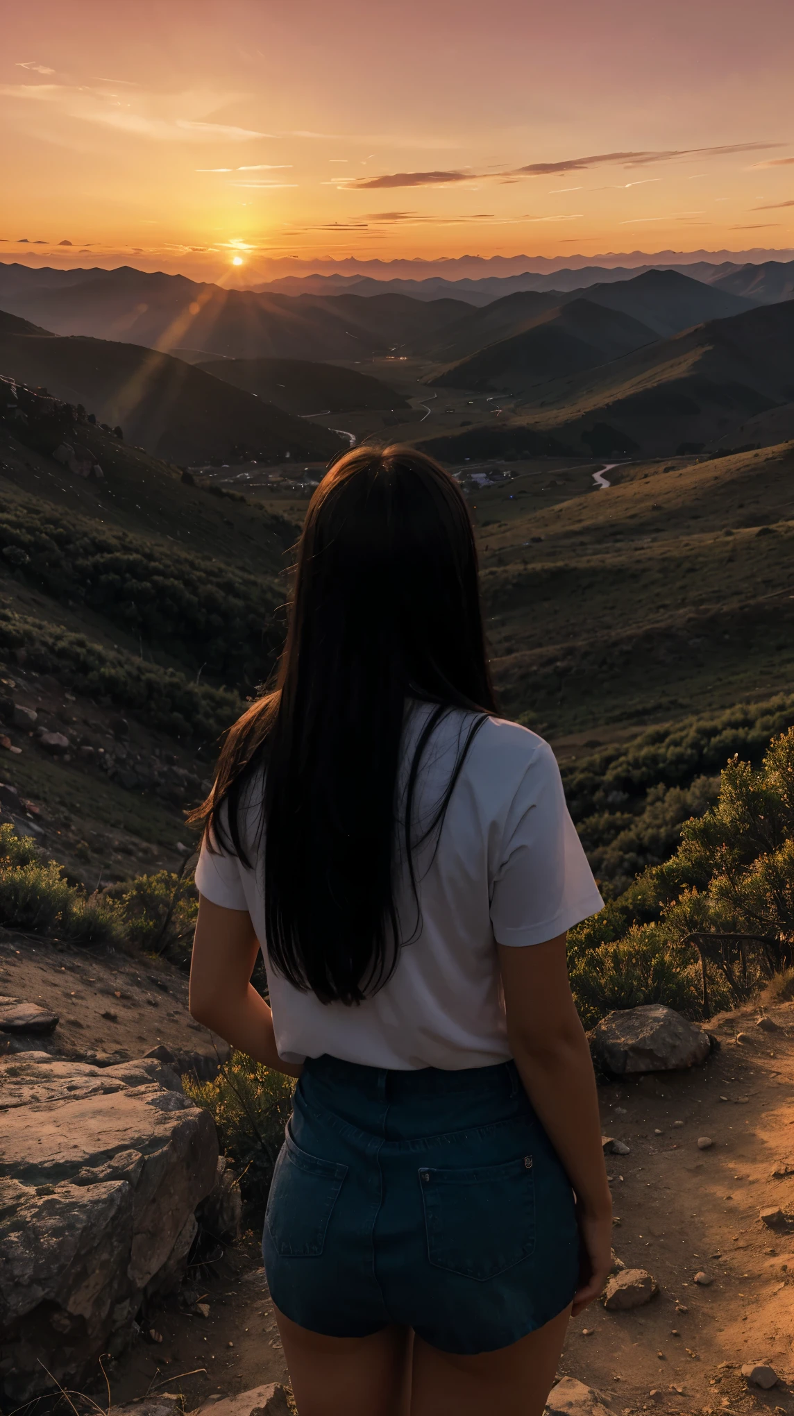 mountain view with sunset, realistic, 8k darklight, girl watching sunset