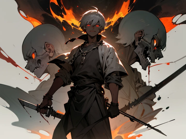 man, short gray hair, thin, dark skin, with a macabre smile and using chained weapons full of blood, and in the background a kingdom engulfed in flames