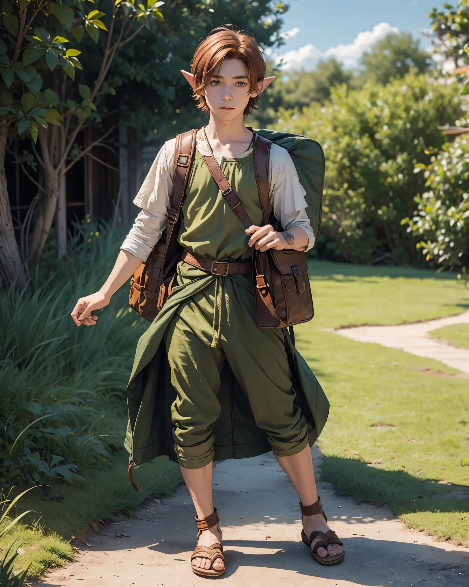 -yeld gon boy with elf pointed-ears SHORT auburn hair, green eyes and fair skin, dressed in brown medieval ripped peasant clothes, sandals; fullbody; carrying cloth satchel backpack, masculine