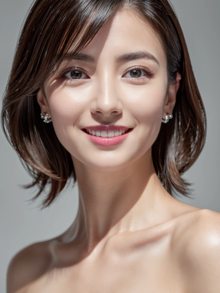 highest quality、8k Masterpiece、superA high resolution、(Photorealistic:1.3)、RAW Photos、1 girl、Black Hair、extremely detailed Glowing Skin、50 age、Portrait、Global Illumination、Shadow、Octane Rendering、8k、Super sharp、Beautiful breastetal、Cold colors、Very intricate detailuch Light、CGSoation Trend、extremely detailed Beautiful Eyes、Shining Eyes、To the camera、Neon Details、extremely detailed Clear skin、long hair、smile、Featured on cosmetics website、Elegance、Photo Studio、short hair、naked、more lighting, photo painting, Picture-perfect, white skin