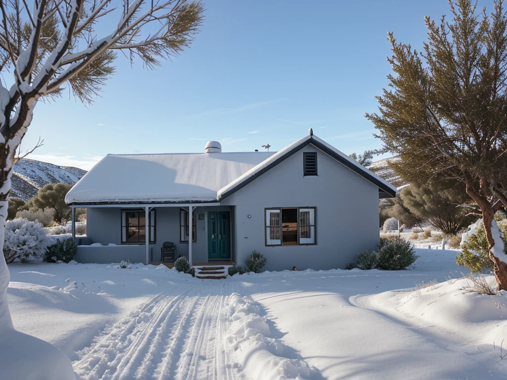 Winter landscape on the Karoo, small home surrounded by small trees and bushes