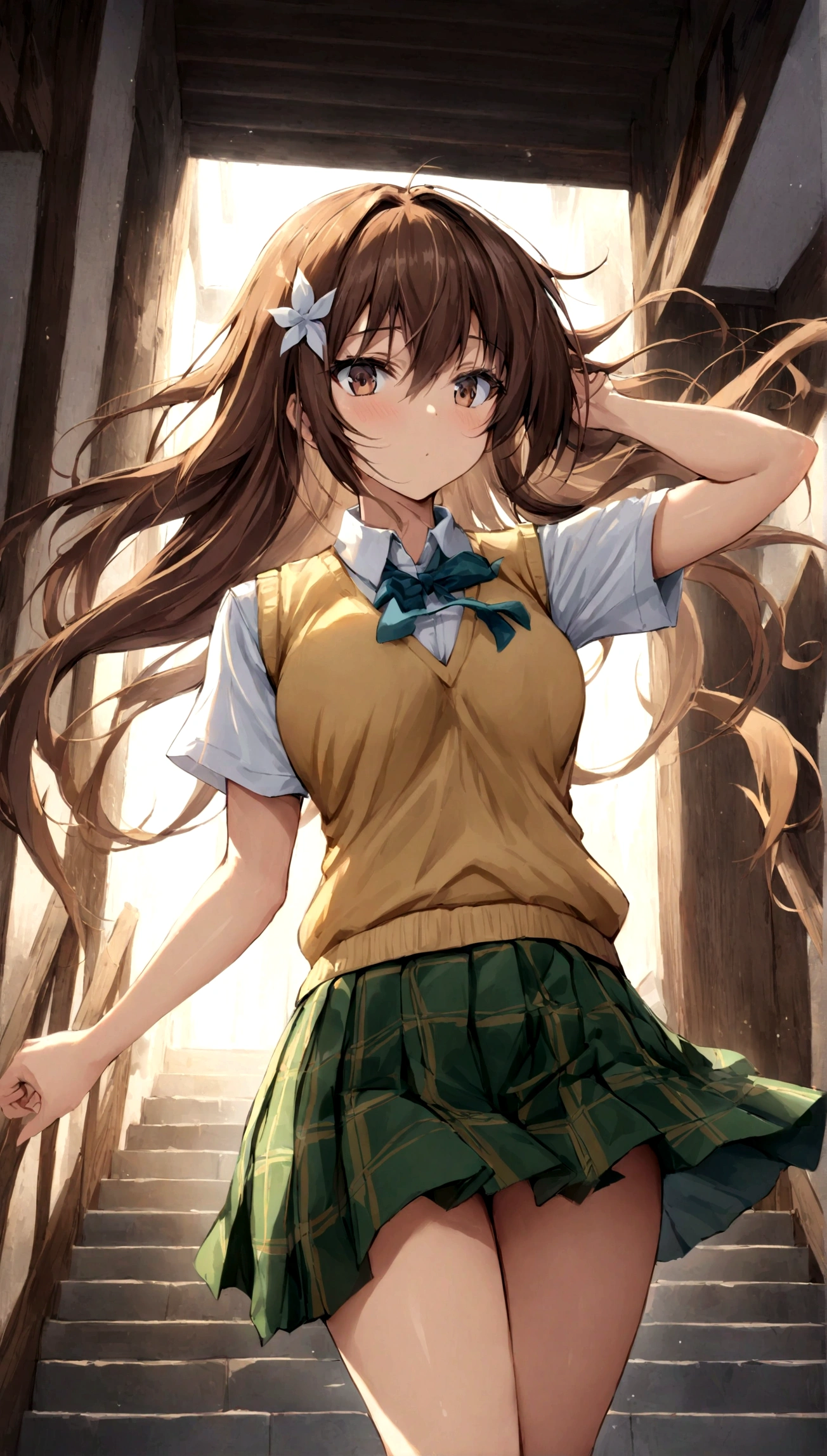 masterpiece, best quality, very aesthetic, absurdres, floating hair, floating clothes, Epic and grandiose scenes,,Mikan Yuuki, brown eyes, brown hair, hair ornament,long hair,green plaid skirt, sainan high school uniform, school uniform, white shirt, yellow sweater vest,in stairwell,