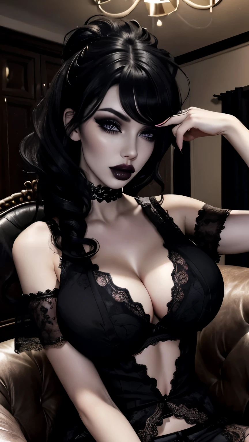 1girl, solo, goth, messy hair, black hair, black lips, black lipstick, eyeshadow, mascara, natural lighting, pale skin, perfect eyes, detailed eyes, big breasts, indoors, black lace bra, highly detailed portrait, cute, full body shot, bimbo, bimbolips, bangs, sitting