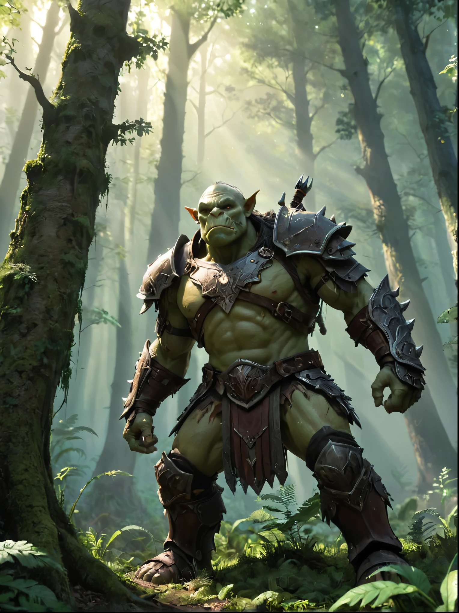 A robust orc is in a mystical forest, adornado com armadura intrincada, empunhando uma arma afiada, with a tall backdrop, slender trees and radiant light filtered through the canopy, iluminando a vibrante flora e fauna ao seu redor.
The art style is reminiscent of modern 3D animation, with a high level of detail, texturas realistas, e cores vibrantes. The environment and character are rendered with meticulous attention to light, sombra, e profundidade, giving the scene a realistic quality.