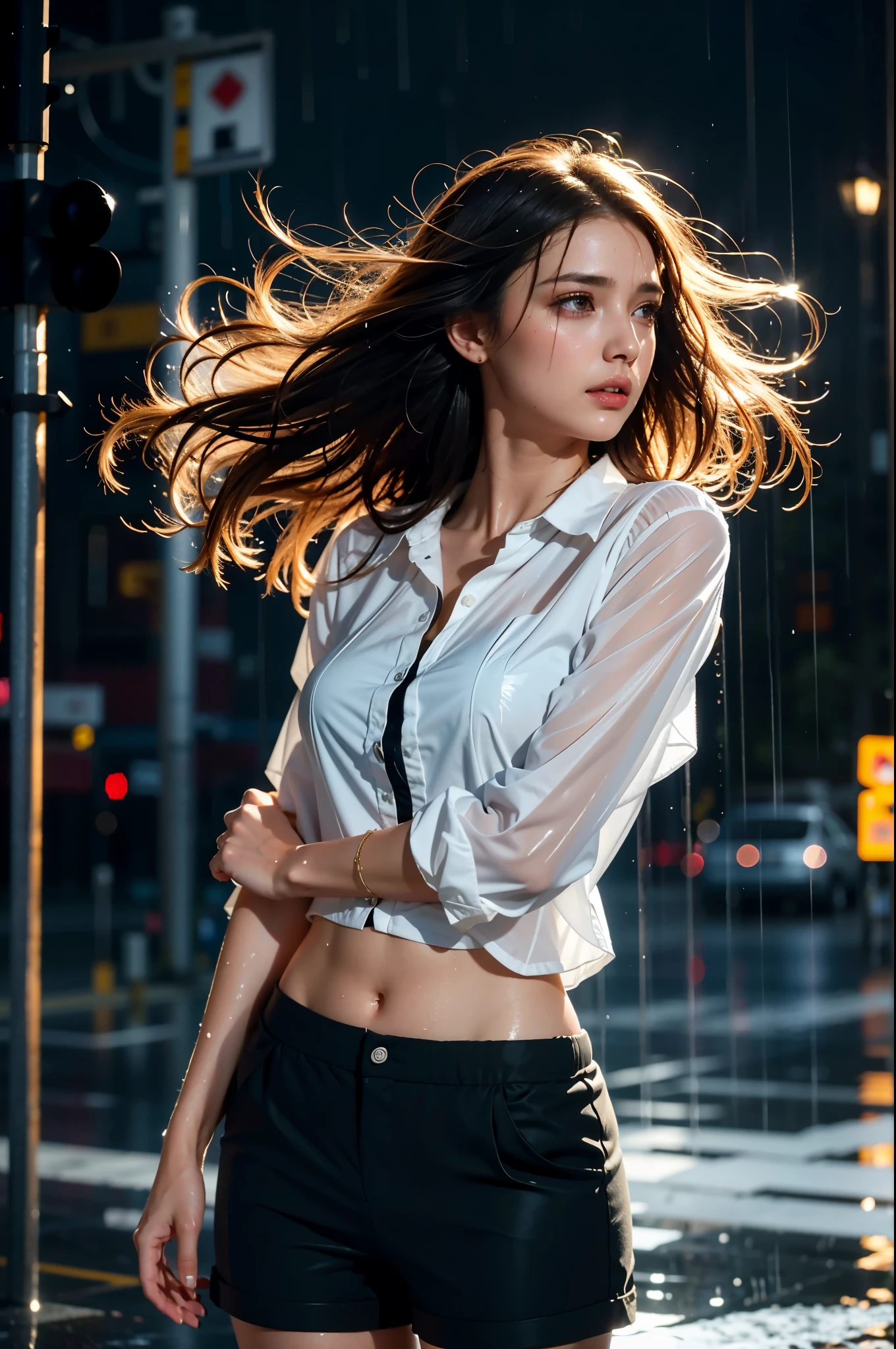 Highest quality, (photoRealistic:1.4), professional photograph, 8k, intricate composition, an extremely delicate and beautiful, ultra high res, professional cinematic lighting and shading, ((Realistic image of a pretty girl soaking wet all over, solo)), ((Stormy night)), (((Heavy rainfall))), extremely pretty girl standing on the street, (Hair flapping in the wind:1.2), dripping wet hair, parted lips, completely drenched, (((blouse and short pants are soaking wet))), (bra is faintly transparent), Perfect feminine hourglass figure, Like a dramatic scene from a movie, extremely detailed eyes and face, eyes with beautiful details, insanely detailed beautiful realistic skin texture, Accurate eyes, Accurate hands, (Well-balanced overall body)