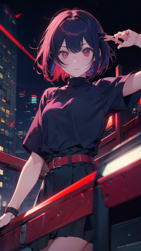 1girl, solo, black sweater uniform, bangs,happy,posing, multicolored hair, (masterpiece:1.2), highres, best quality, 8k, Night neon city Tokyo background, white hair