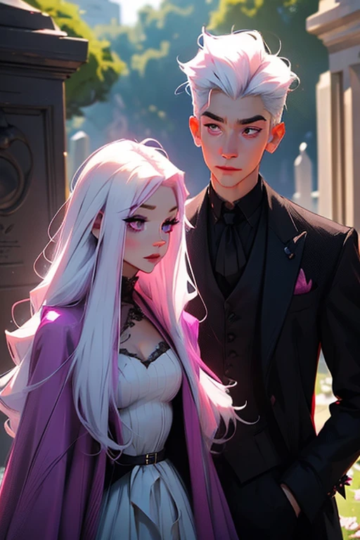 A pink haired woman with violet eyes with an hourglass figure in a Gothic ballgown is gazing into the eyes of a young white haired man with red eyes in a gothic suit in the cemetery lovingly